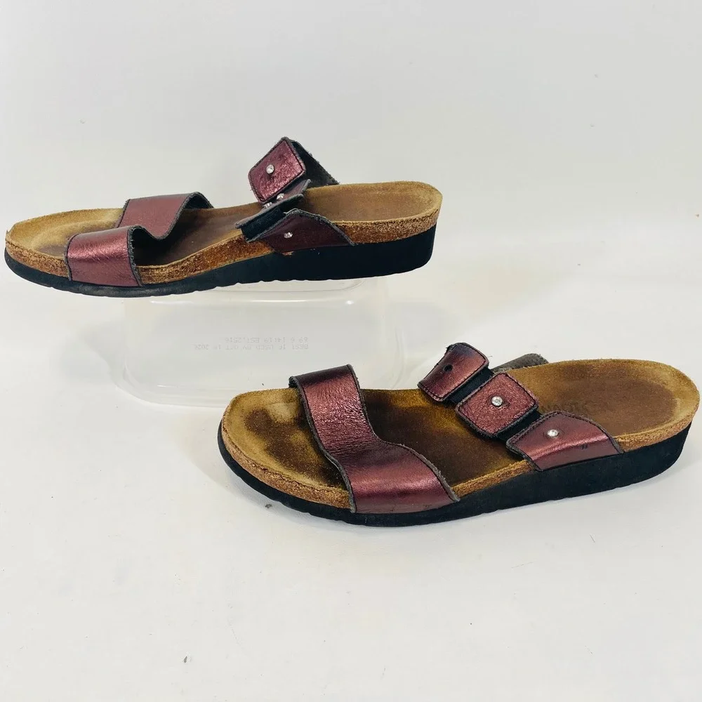 Naot Women Metallic Burgundy Leather Slide Sandals Studded Cork Size EU 41 US 10